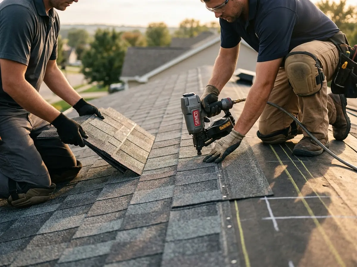 Professional roofer working on a residential roof in Cabot